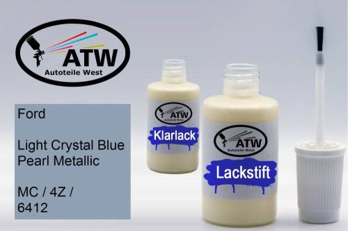 Ford, Light Crystal Blue Pearl Metallic, MC / 4Z / 6412: 20ml Lackstift + 20ml Klarlack - Set, von ATW Autoteile West.
